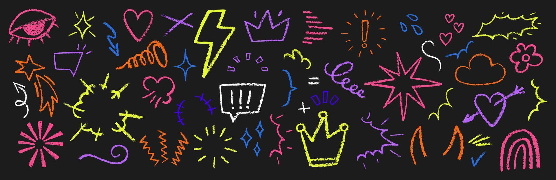 Collection of hand drawn crayon doodle shapes in punk and girly style. Colorful illustration. vector