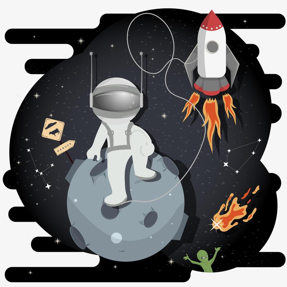 An astronaut in a spacesuit in outer space sits on the red planet with craters flat childrens doodles vector