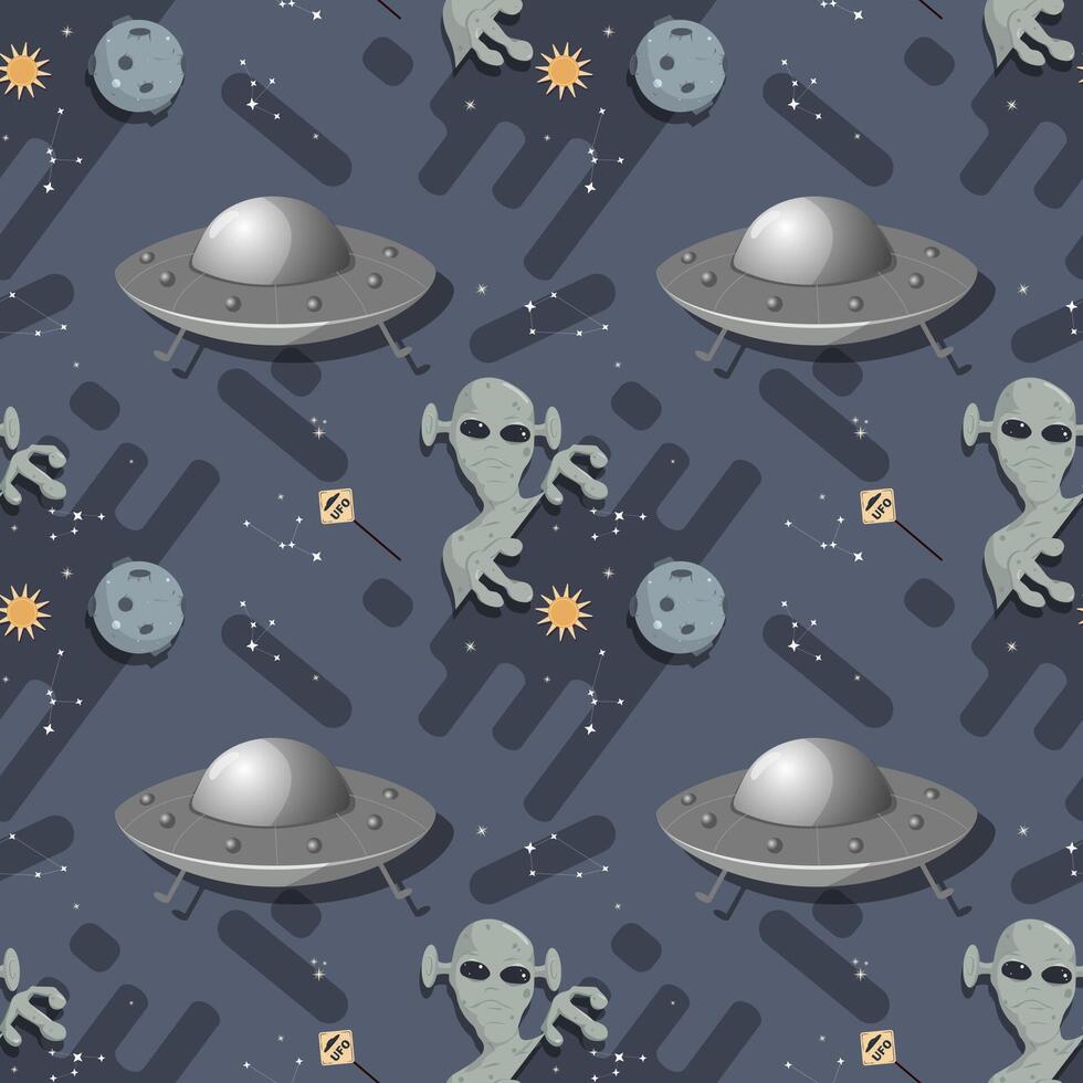 Seamless pattern an alien in outer space around a UFO flat childrens doodle vector