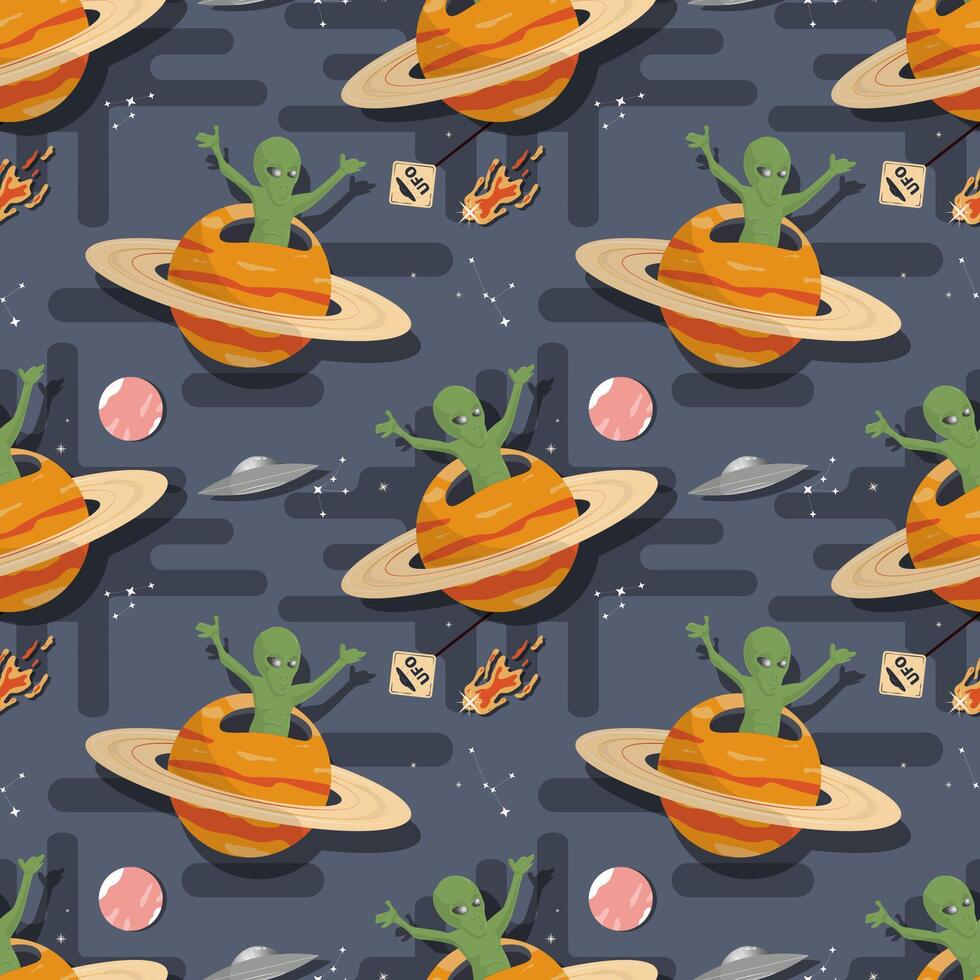 Seamless pattern an alien appears from a planet with rings in outer space flat childrens doodle vector