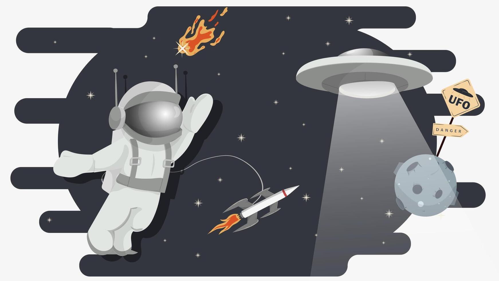 An astronaut in outer space welcomes flying UFOs flat childrens doodles vector