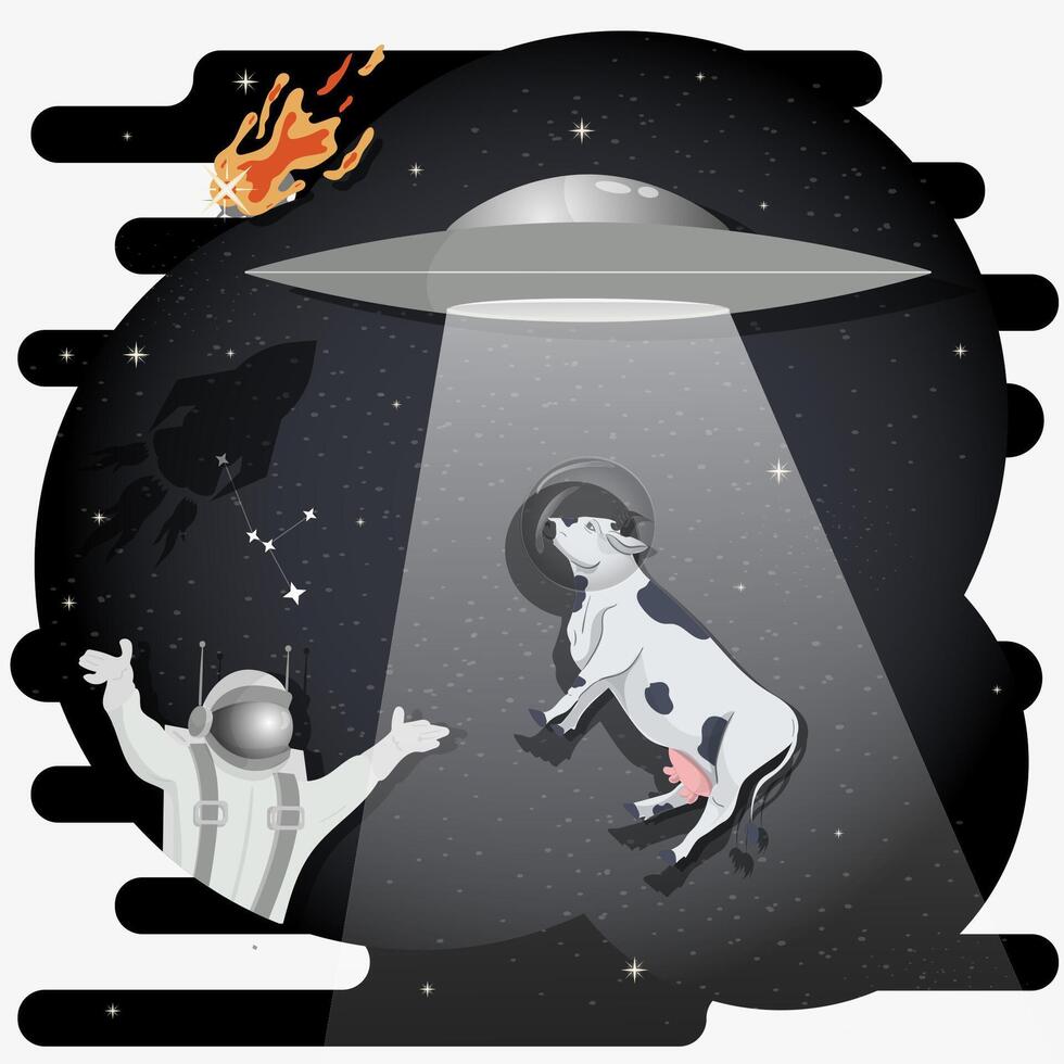 An astronaut in a spacesuit in outer space watches the abduction of a UFO cow flat childrens doodles vector