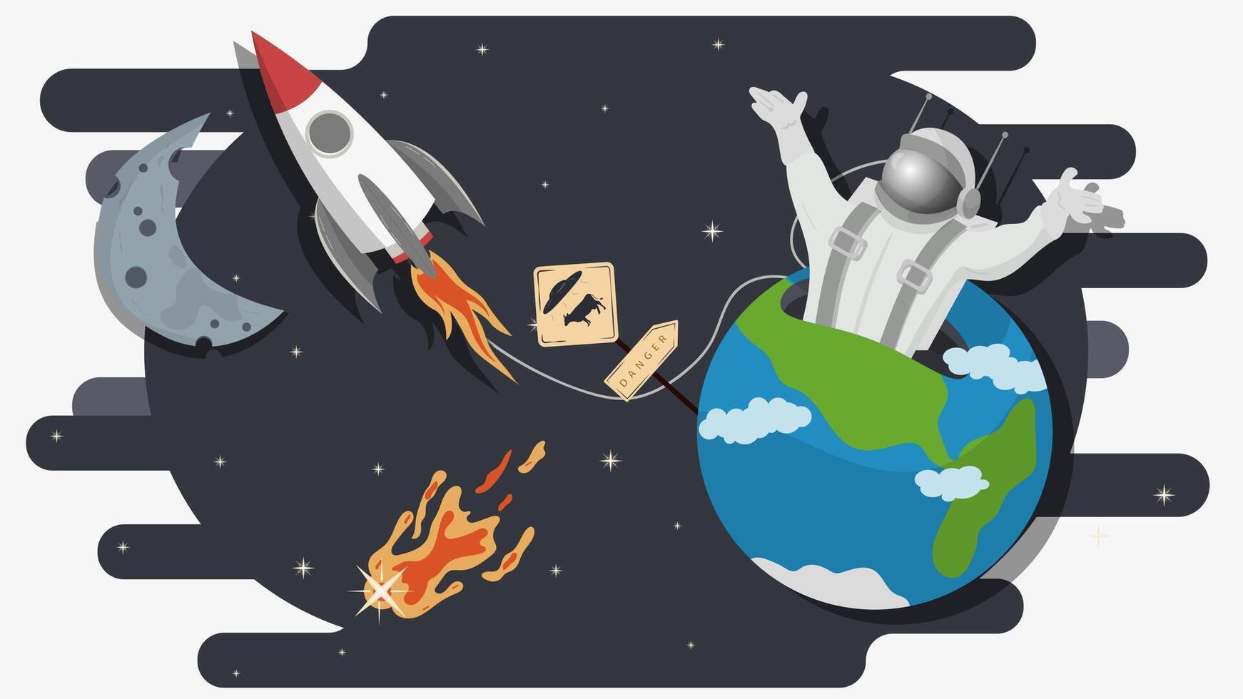 An astronaut climbs out of the bowels of planet Earth against the background of space and UFOs flat childrens doodles vector