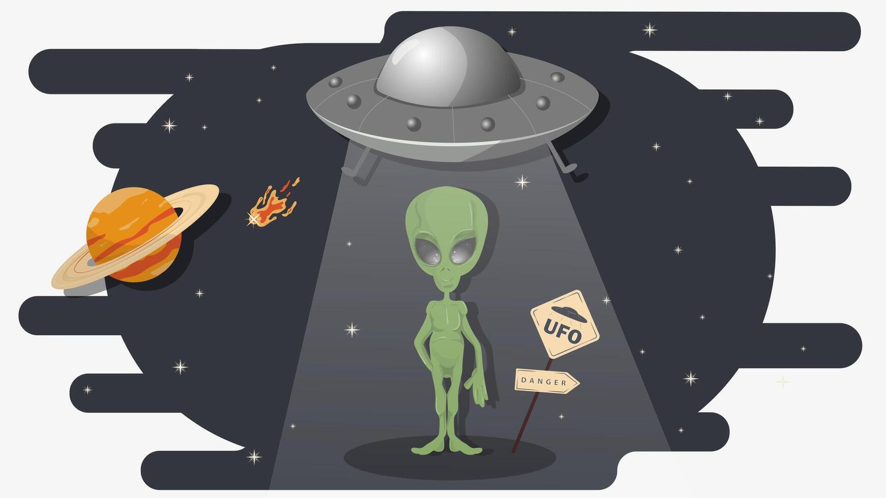 A flying saucer from outer space takes an alien aboard flat childrens doodles vector