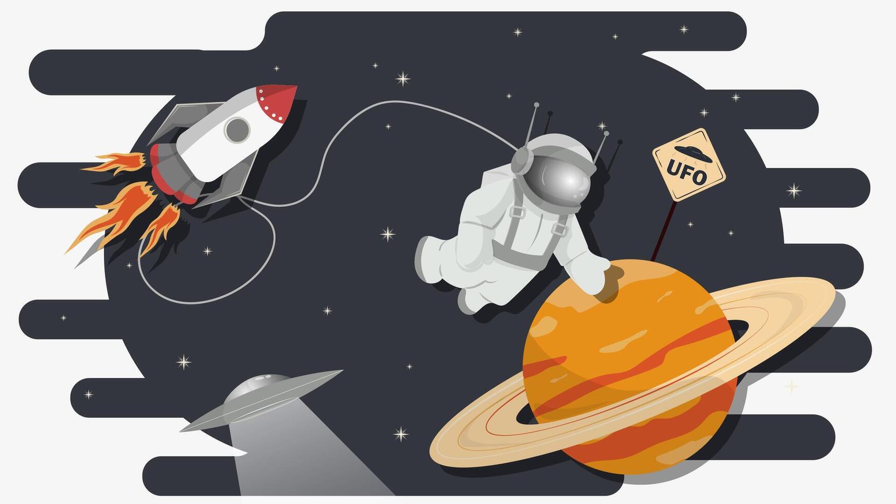 An astronaut on a cable in outer space against the background of a planet with rings flat childrens doodles vector