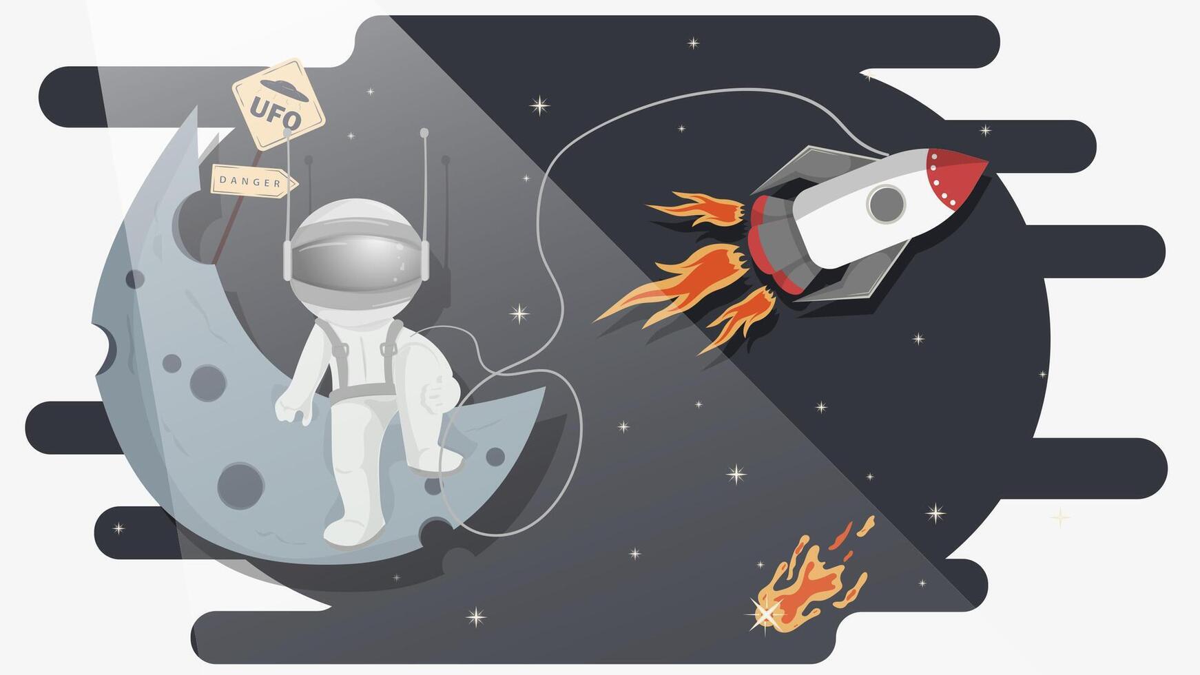 An astronaut in a spacesuit sits among the stars on the planet moon a rocket flies by flat childrens doodles vector