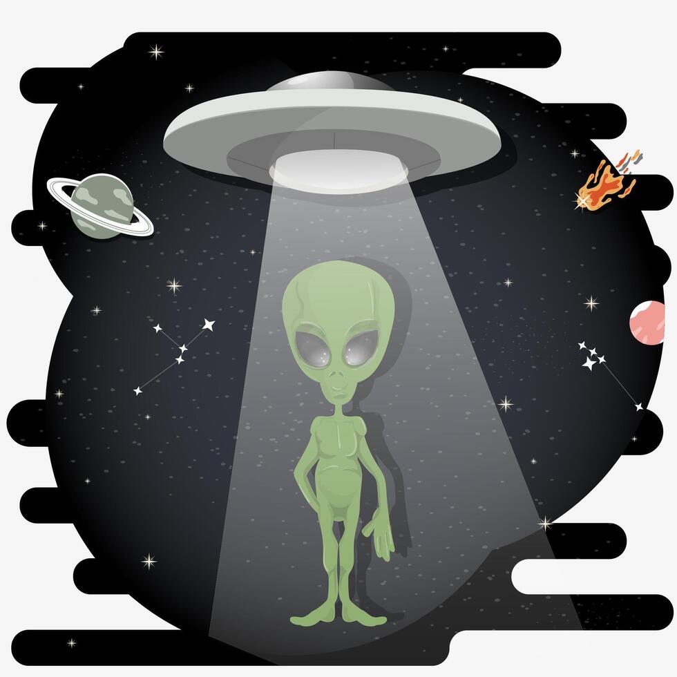 An alien among the stars in outer space stands against the background of a UFO with a ray flat childrens doodles vector