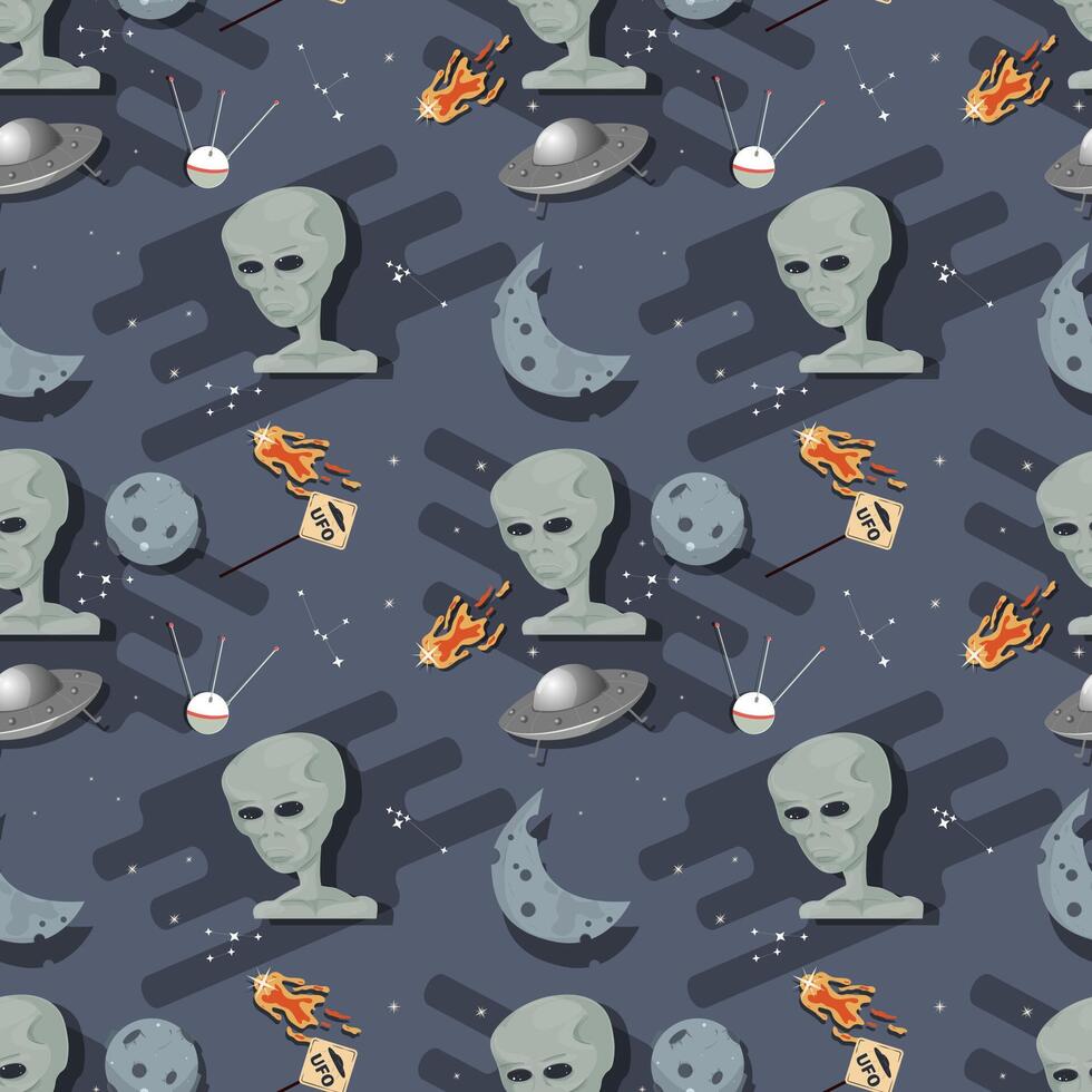 Seamless pattern alien head in outer space among planets flat childrens doodles vector