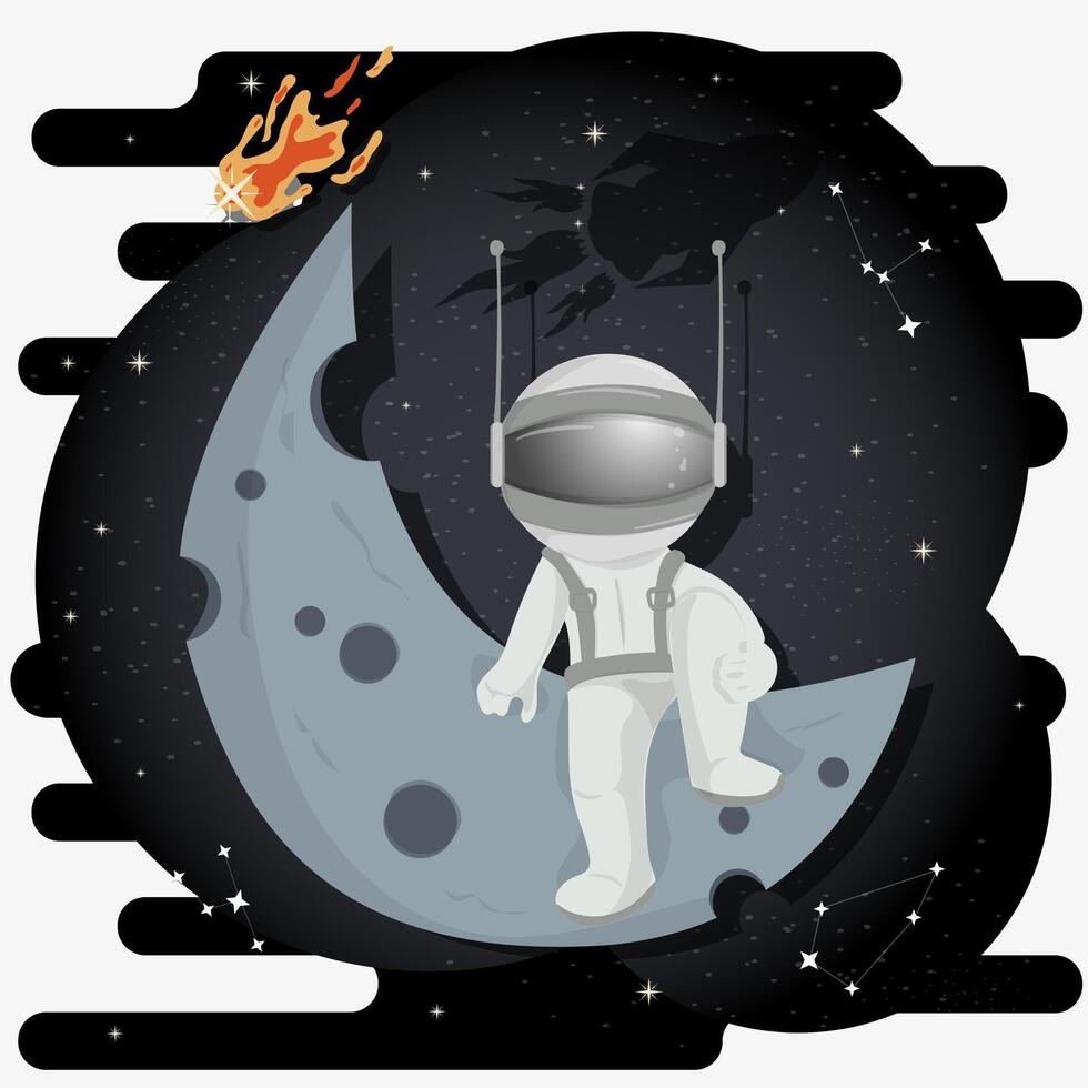 An astronaut in a spacesuit among the stars in outer space sits on the planet moon flat childrens doodles vector