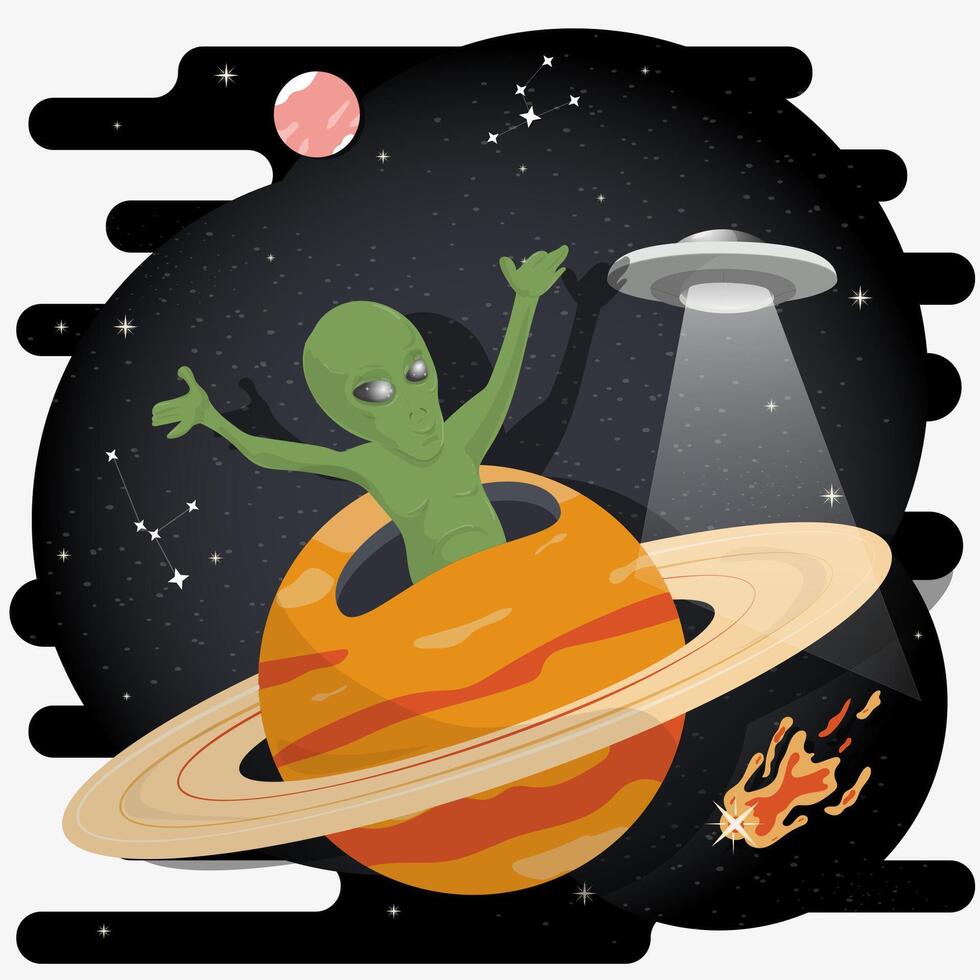 An alien among the stars in outer space appears from a planet with rings flat childrens doodles vector