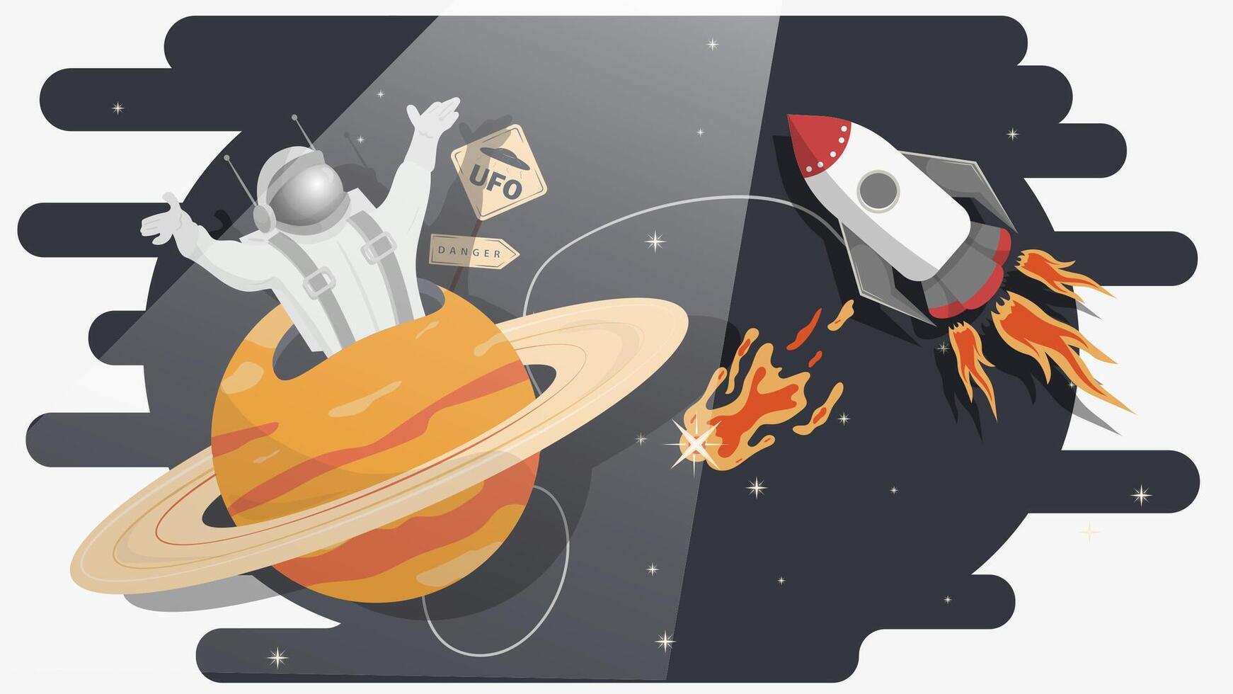 An astronaut climbs out of the bowels of the planet with rings on the background of space and UFOs flat childrens doodles vector