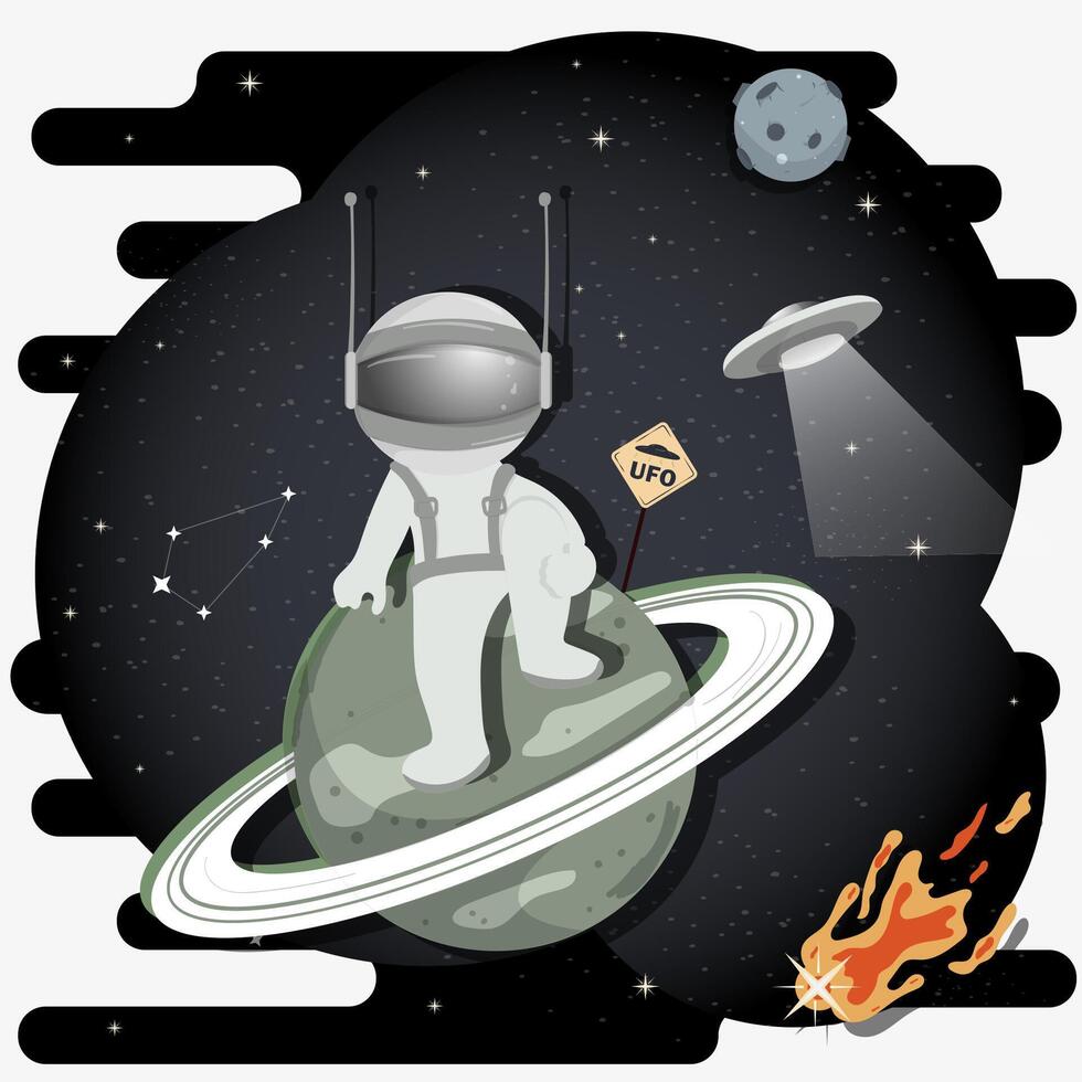 An astronaut in a spacesuit in outer space sits on a green planet with rings flat childrens doodles vector