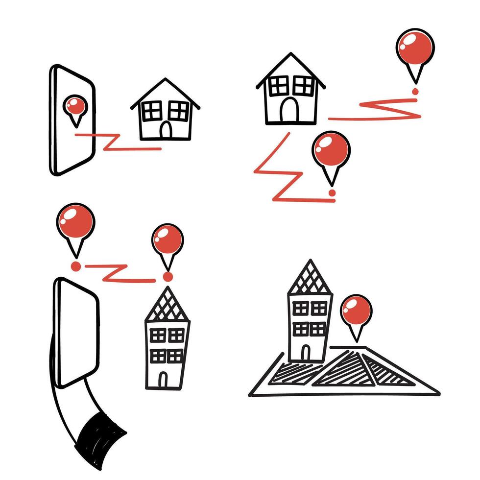 a set of icons depicting a house, a house, and a house with a red dot pin point vector