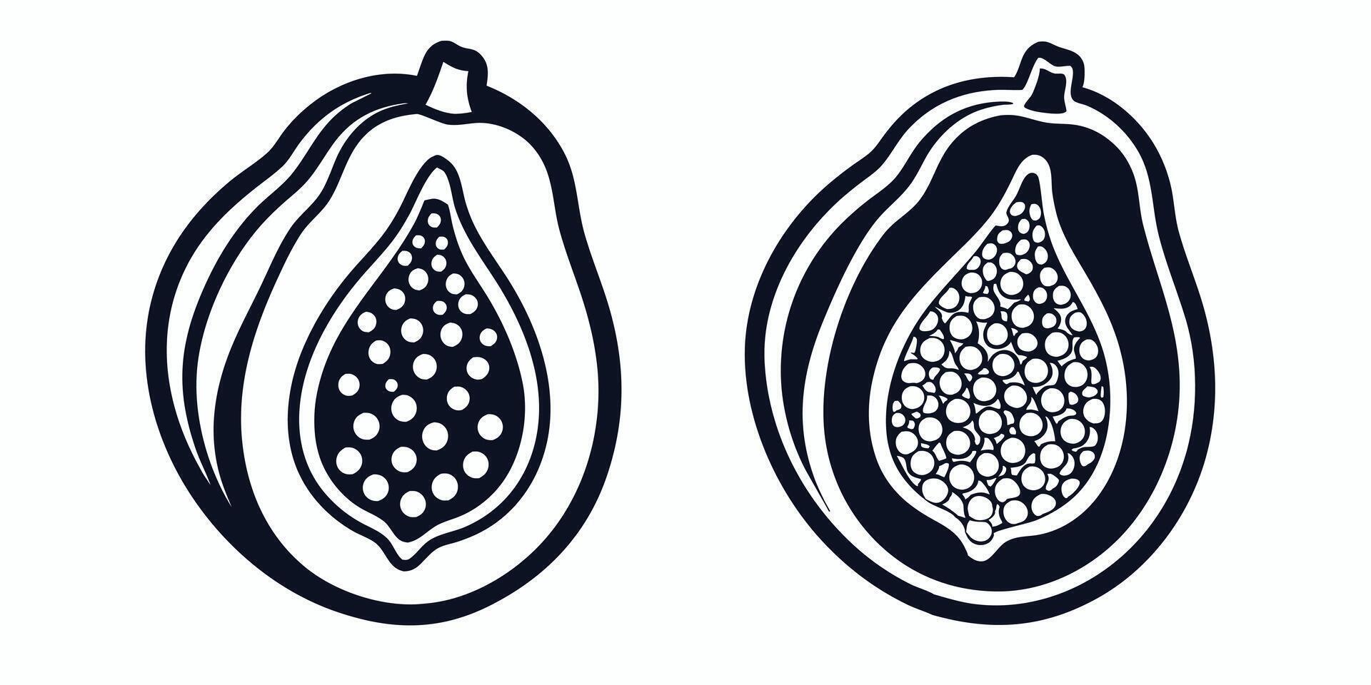 two black and white images of papaya fruit vector