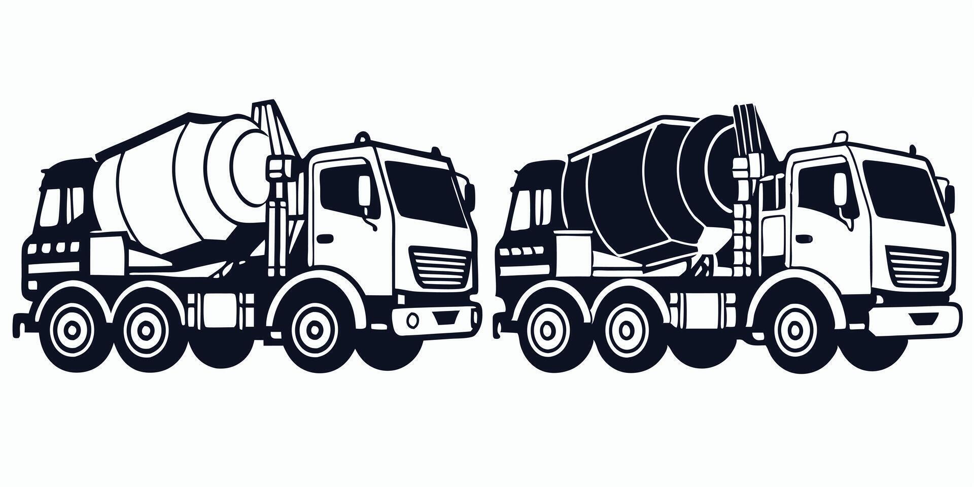 two cement trucks are shown in black and white vector
