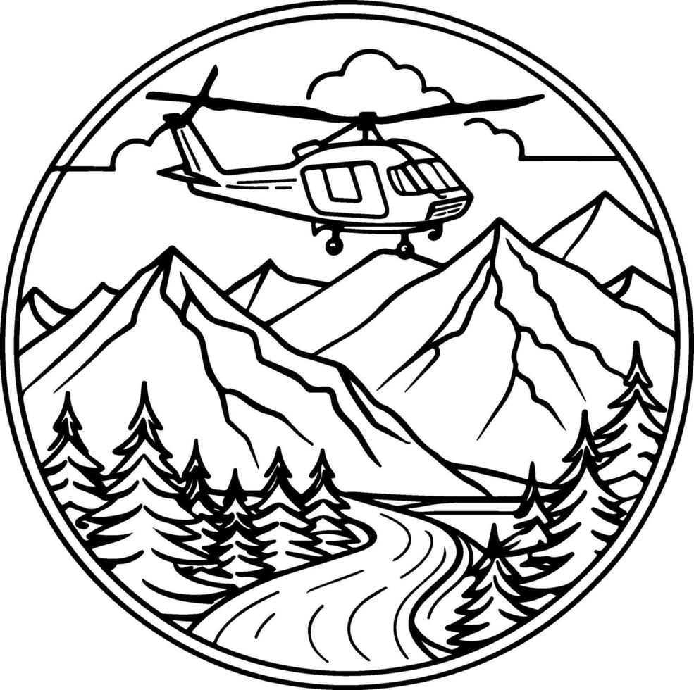 helicopter flying over mountains and river coloring page vector