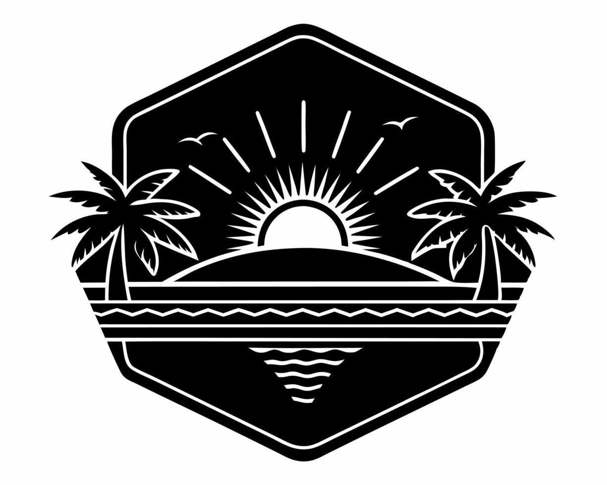 a black and white logo with palm trees and the sun t-shirt design vector