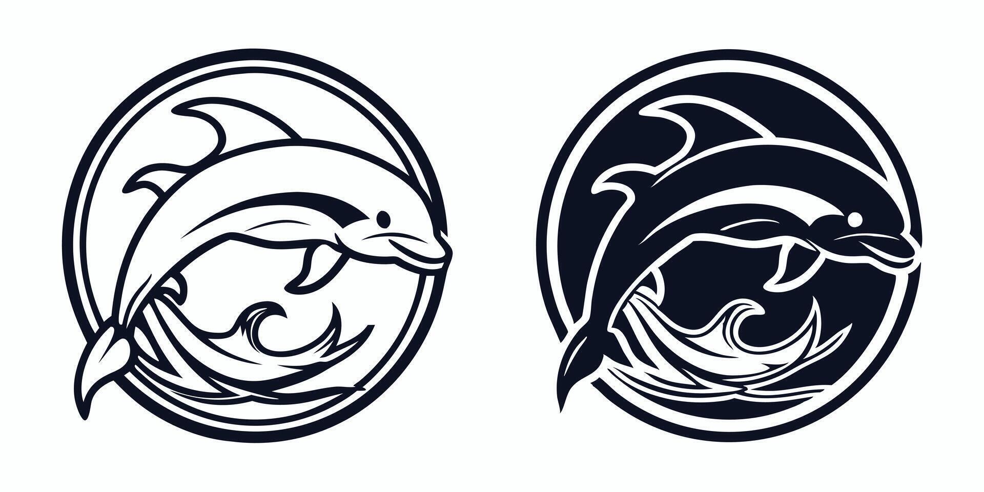 two dolphin logos, one with a wave and the other with a dolphin vector