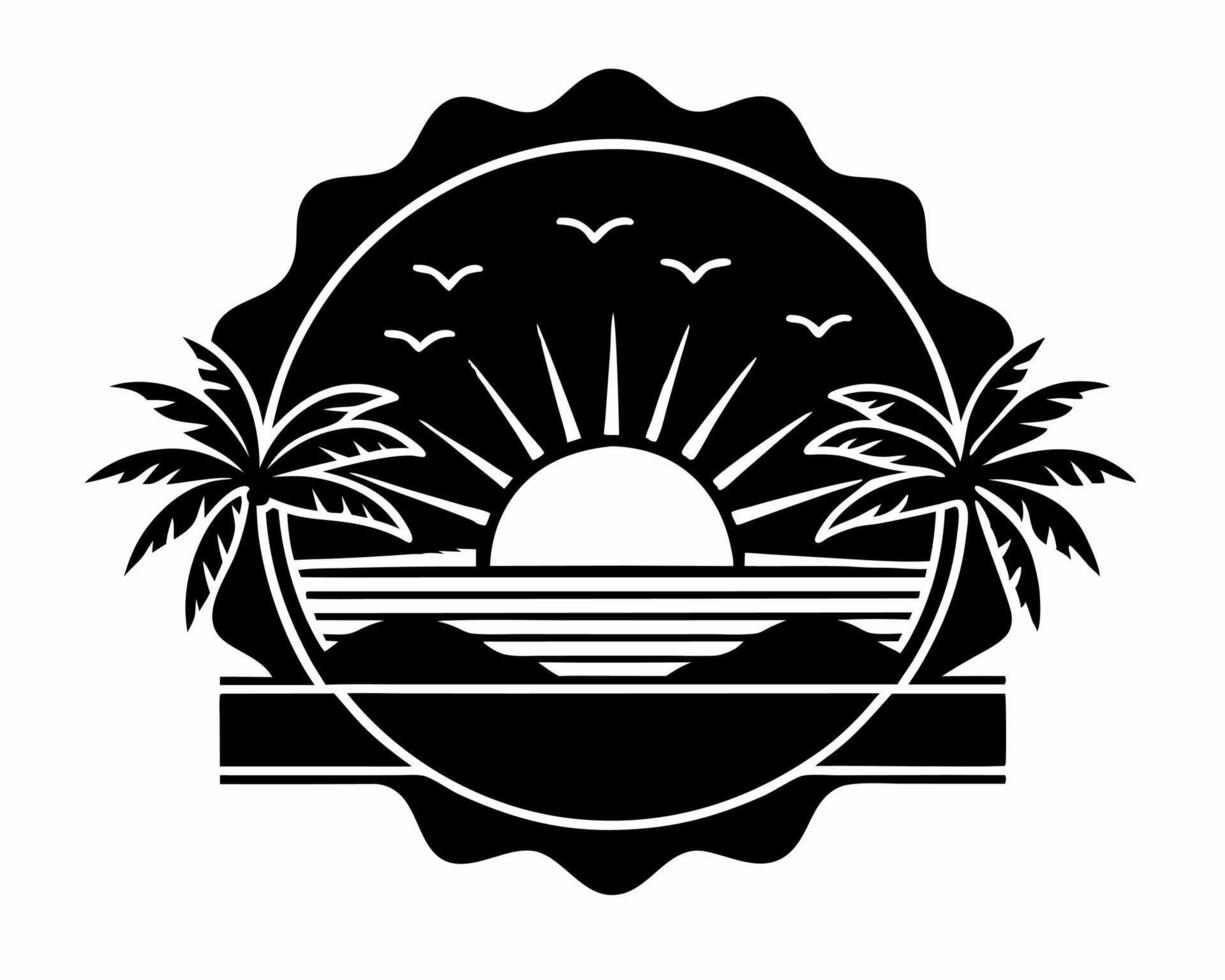 a black and white logo with palm trees and the sun vector