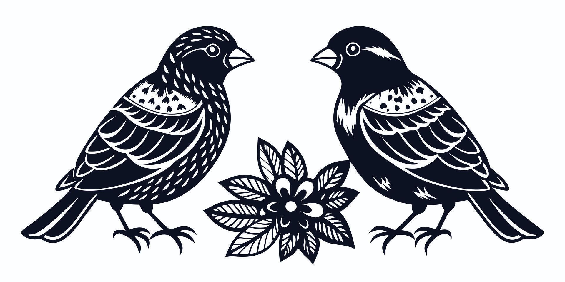 two birds are sitting on a branch with leaves vector