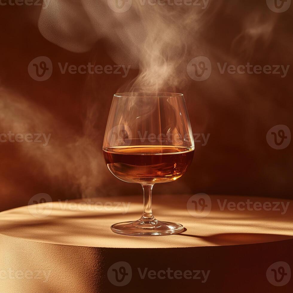 A sophisticated glass of whiskey emits a warm, enticing steam, set against a softly lit backdrop, embodying relaxation and indulgence. photo