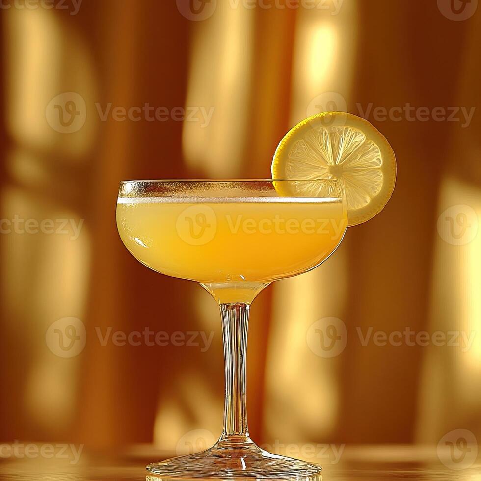 A refreshing yellow cocktail in an elegant glass garnished with a lemon slice, perfect for summer celebrations. photo