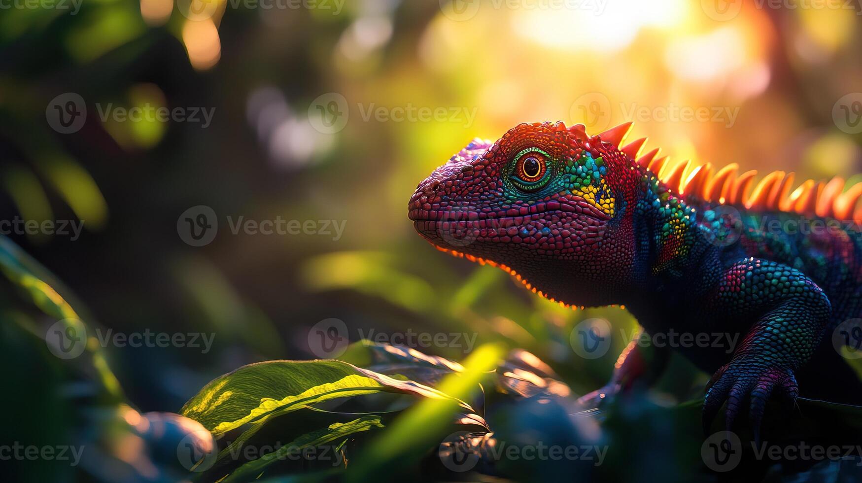 Colorful lizard perched amidst lush greenery, basking in golden sunlight, showcasing vibrant scales and intricate details. photo