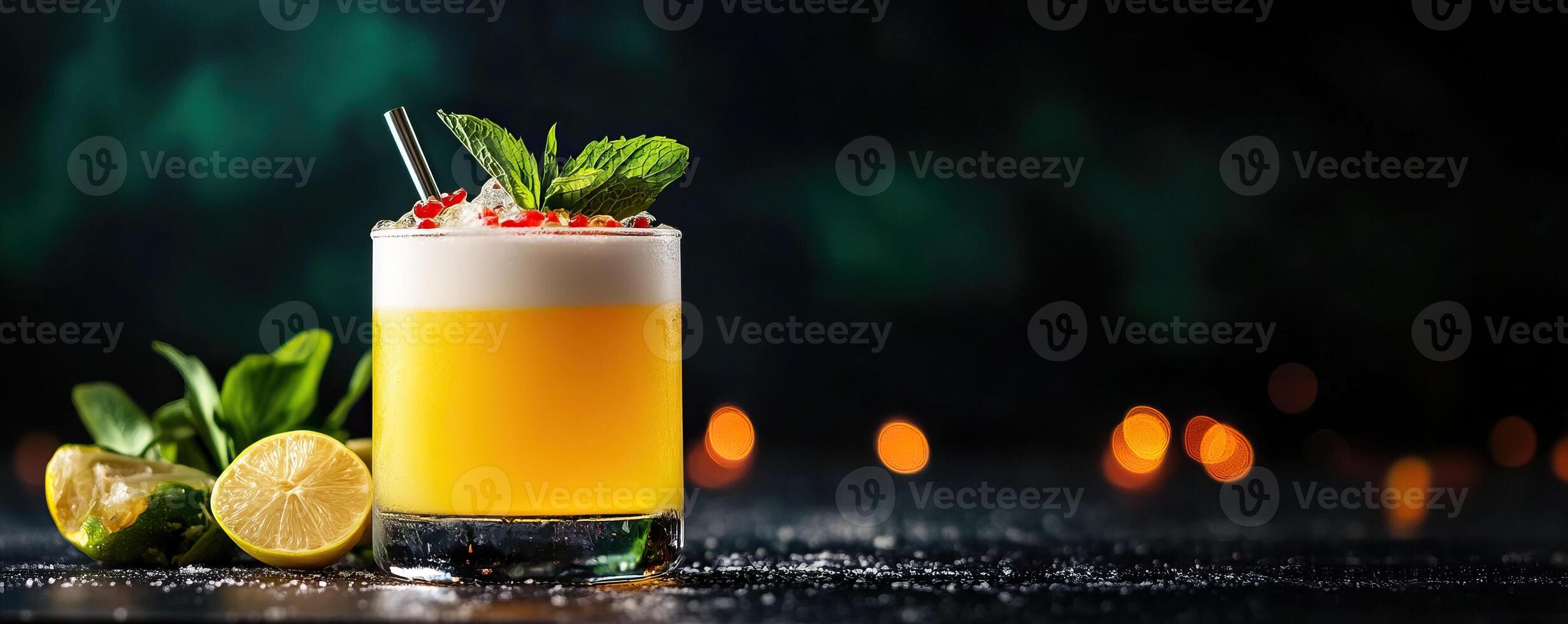 A refreshing tropical cocktail garnished with mint and lemon, ideal for summer gatherings and vibrant celebrations. photo