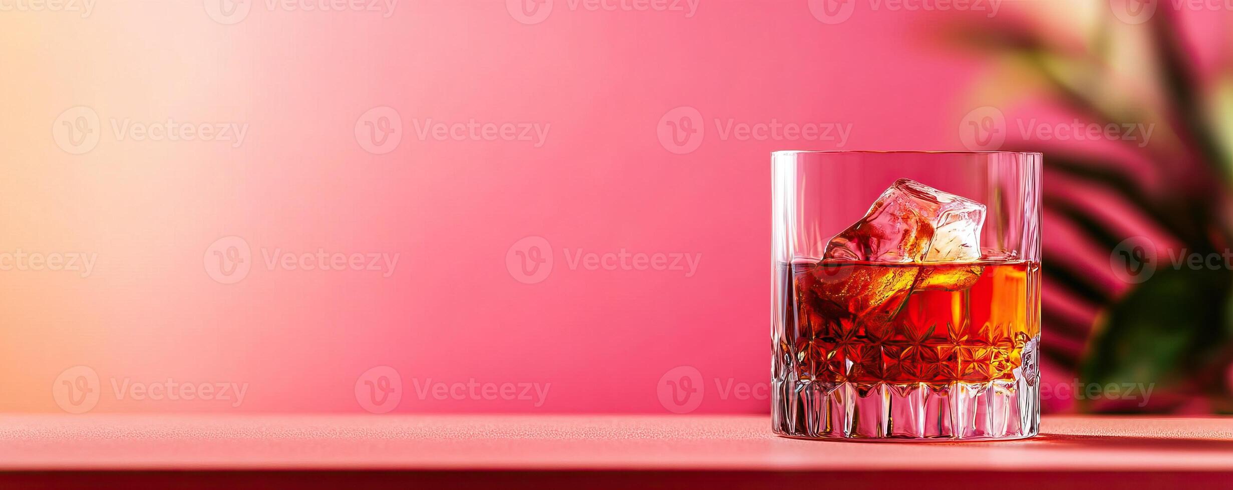 A refreshing glass of whiskey with ice cubes against a vibrant pink background, perfect for relaxation and enjoyment. photo