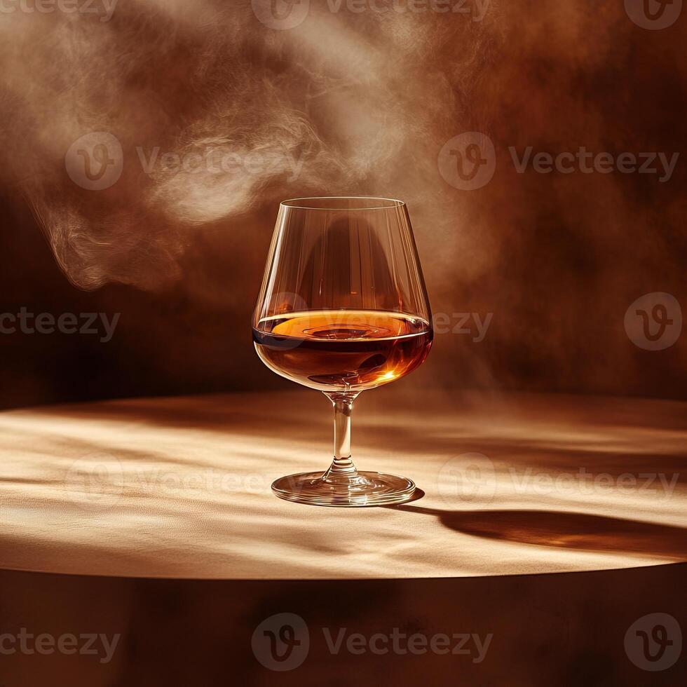A sophisticated glass of whiskey sits elegantly on a table, surrounded by warm tones and soft, smoky lighting. photo