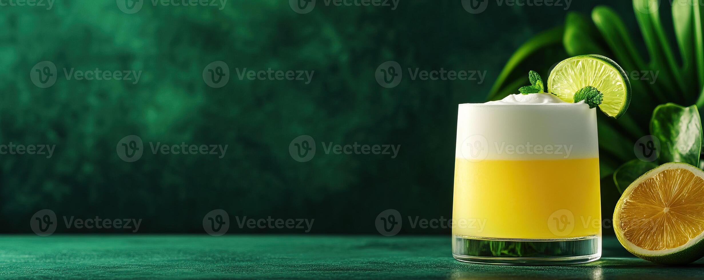 A refreshing cocktail garnished with lime, set against a vibrant green background, perfect for summer drink promotions. photo