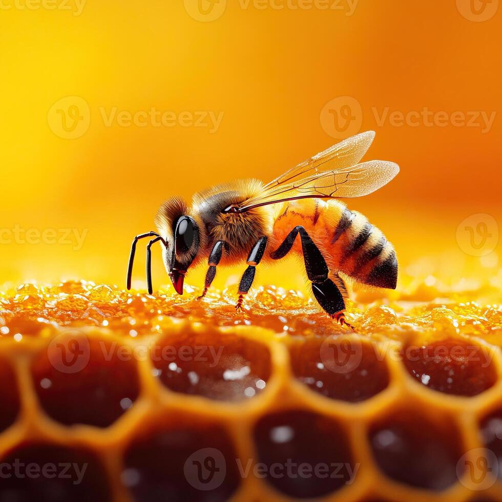 A close-up view of a bee on honeycomb, showcasing intricate details and vibrant colors of nature's sweet creation. photo