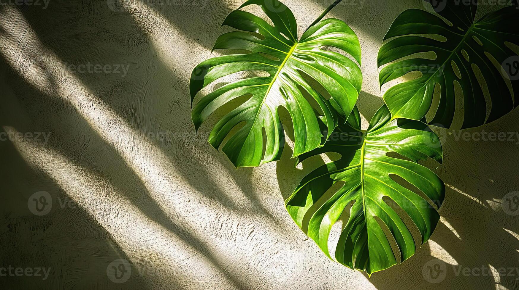 Closeup of Monstera leaves with dramatic shadows on a sunlit wall, highlighting the natural textures and shapes, minimalistic and serene photo