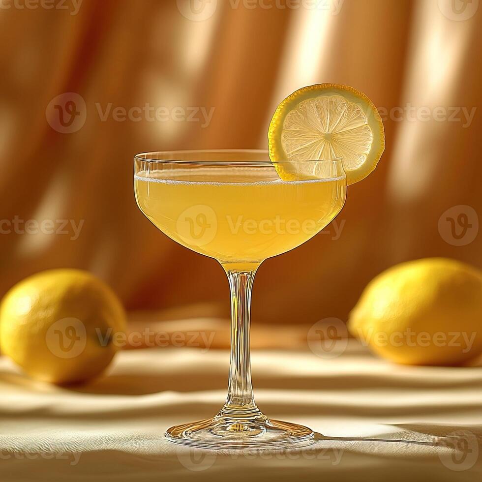 A refreshing yellow cocktail garnished with a lemon slice, perfect for summer gatherings and cheerful celebrations. photo