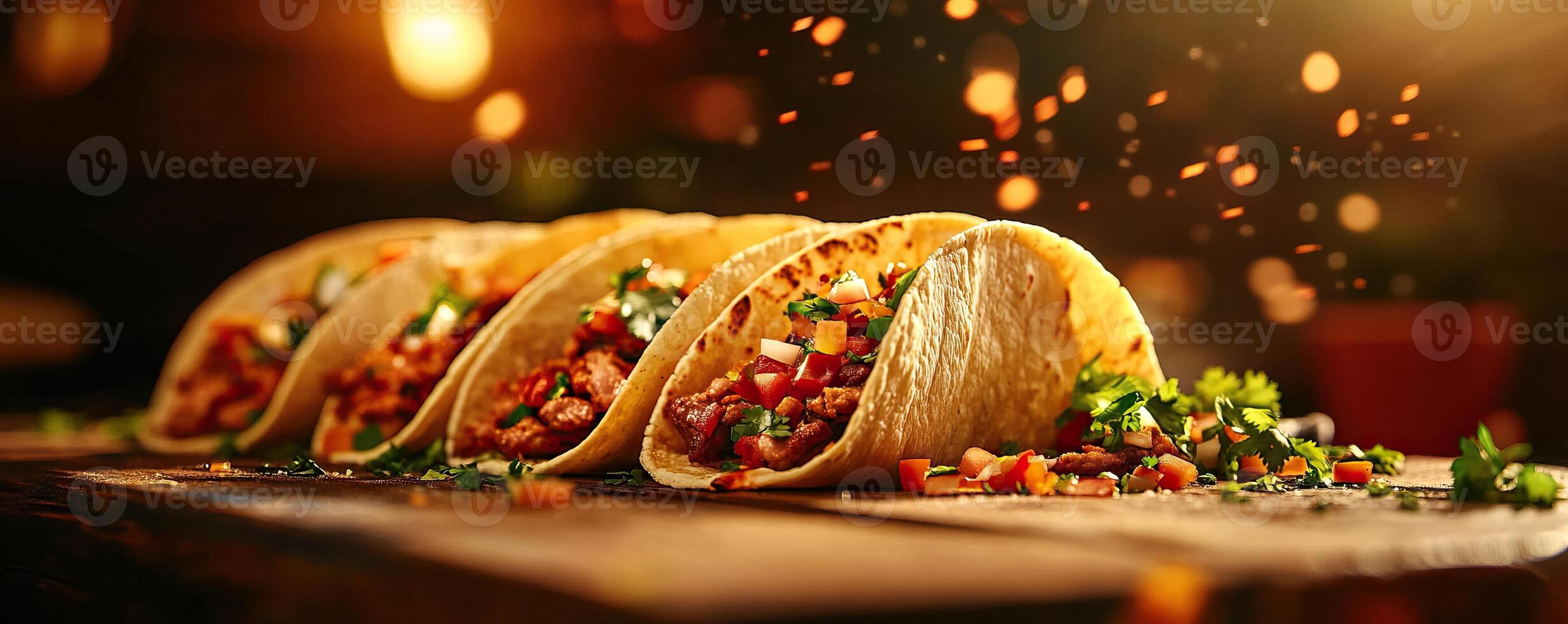 Delicious tacos filled with fresh ingredients, served on a rustic wooden table. Perfect for food lovers and culinary enthusiasts. photo