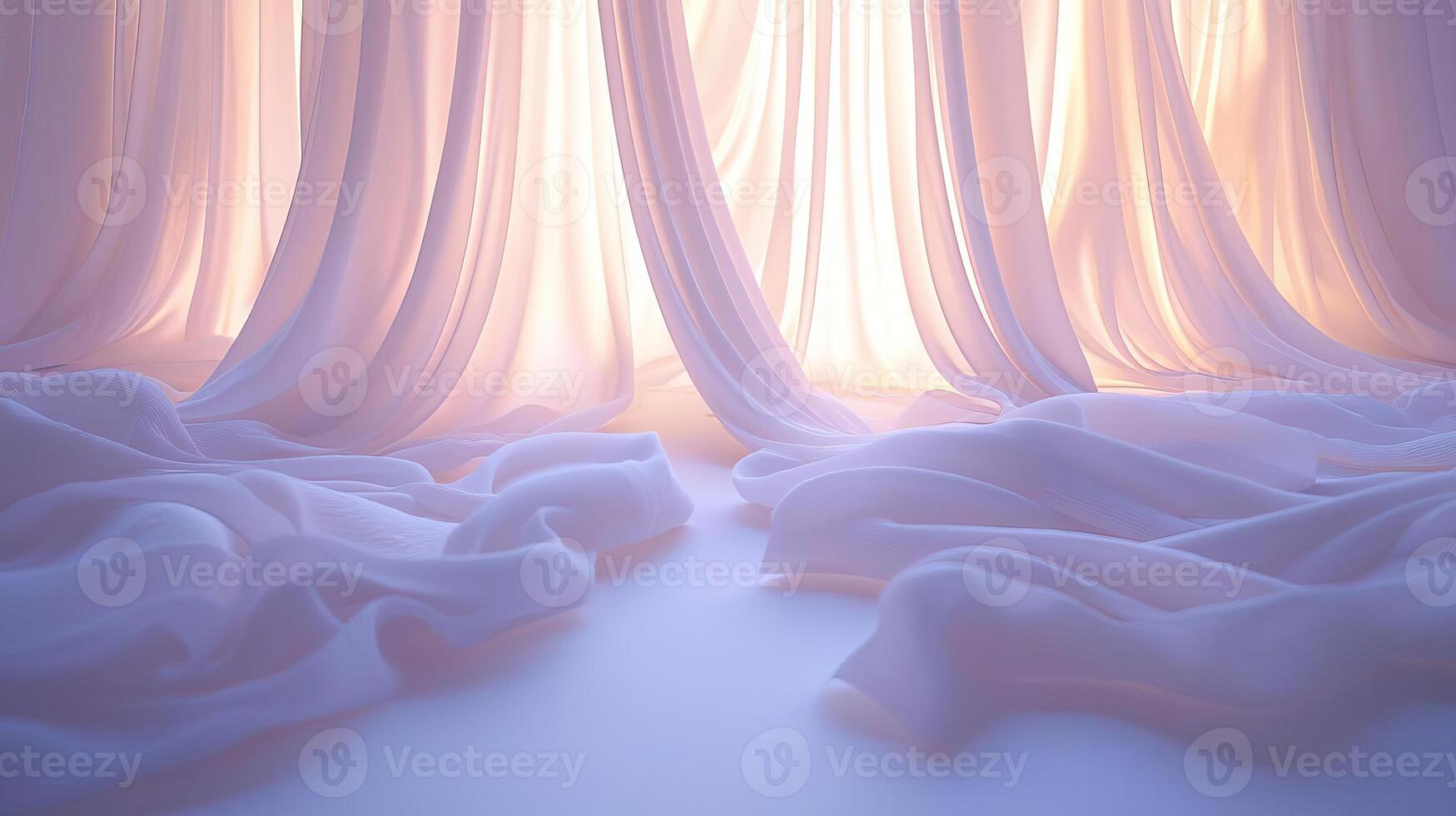 Flowing white curtains illuminated by soft light, creating a dreamy, serene space filled with tranquility and lightness photo