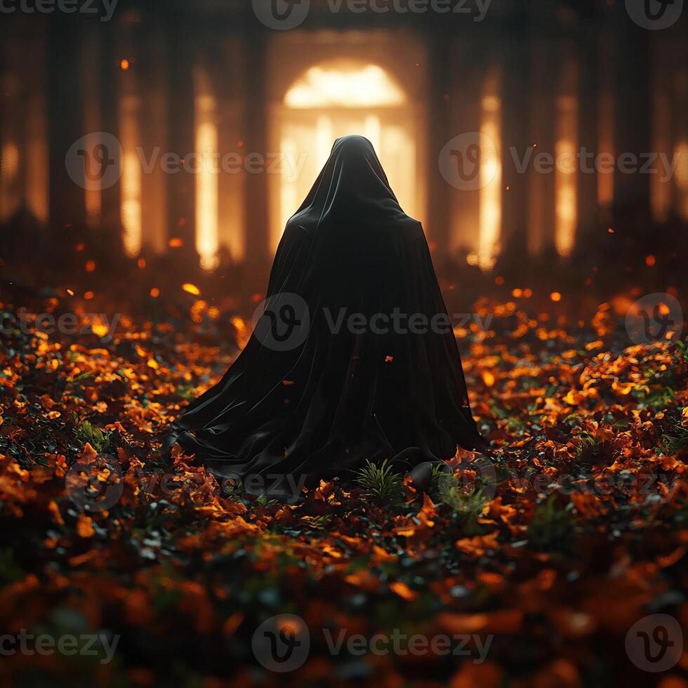 A mysterious figure in a dark cloak stands amidst autumn leaves, bathed in golden light, evoking a sense of intrigue and tranquility. photo