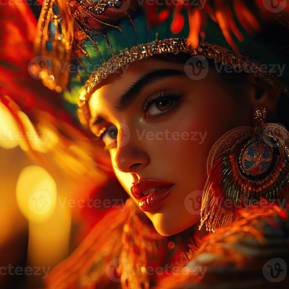 A captivating portrait of a woman adorned in vibrant feathers and intricate accessories, showcasing cultural beauty and elegance. photo