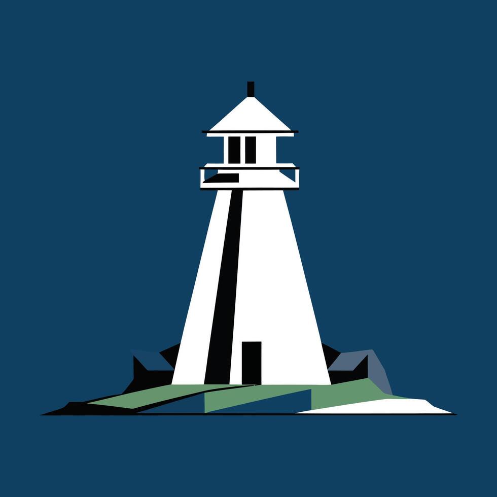 Elegant White Lighthouse Design, Flat Illustration Against a Deep Blue Background vector