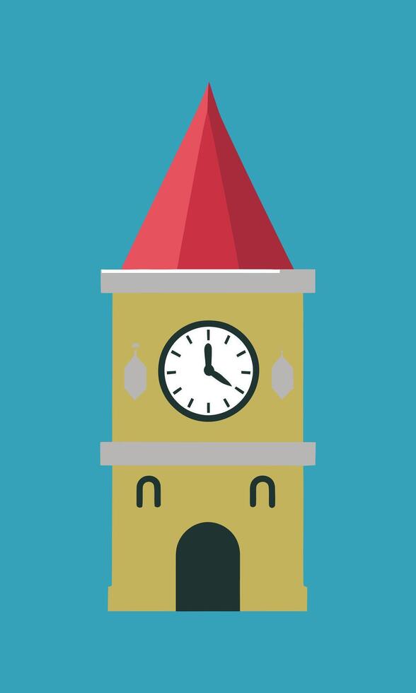 Minimalist Clock Tower Architecture, Flat Drawing on a Vibrant Blue Background vector