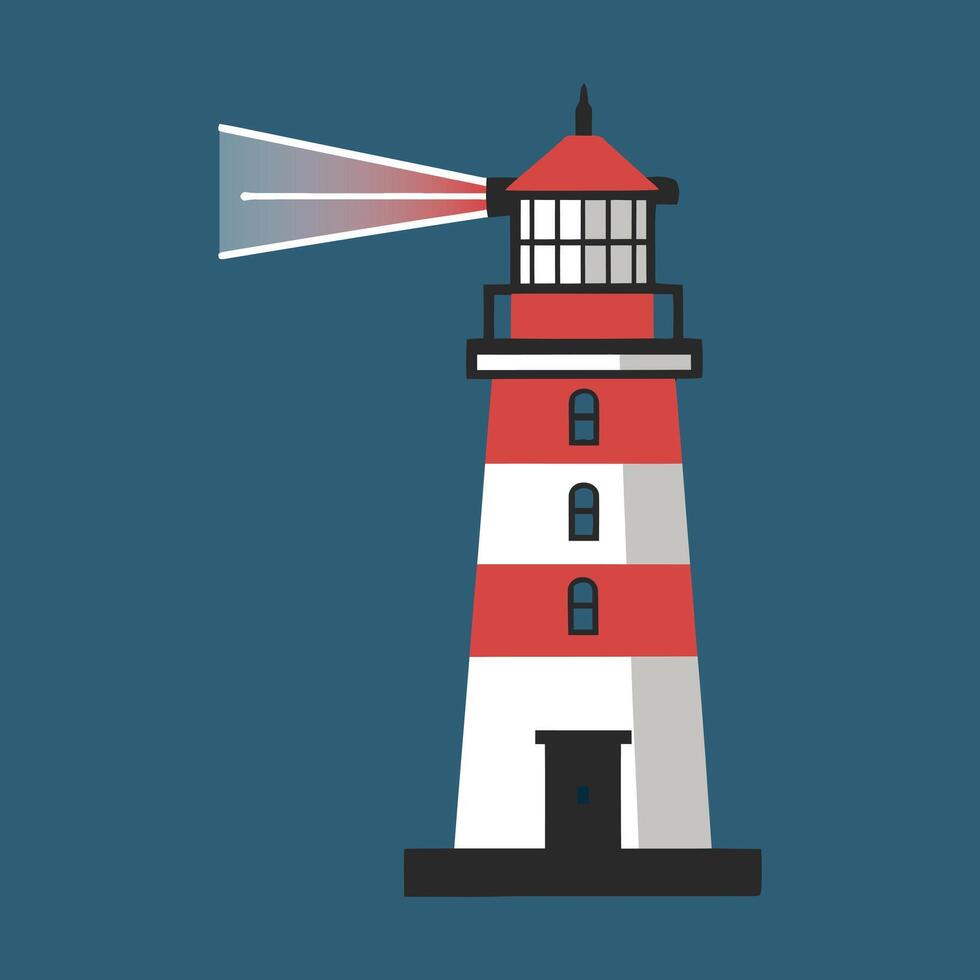 Modern Flat Illustration of a Lighthouse, Detailed Drawing Isolated on a Dark Blue Background vector