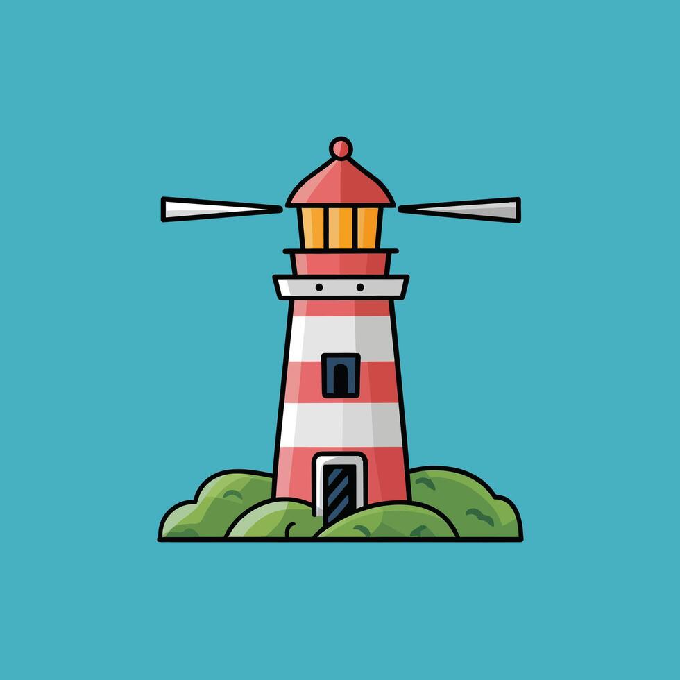 Sleek Flat Drawing of a Lighthouse, Minimalist Illustration on a Blue Background vector