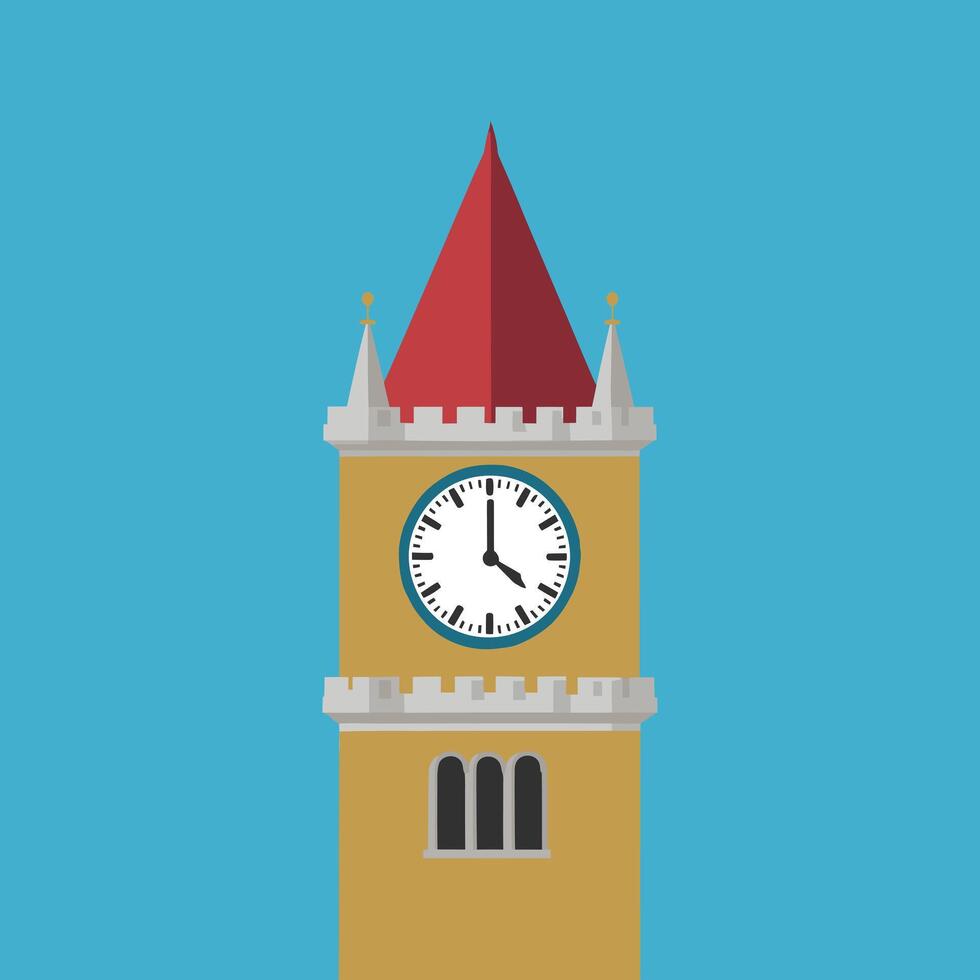 Simple and Modern Clock Tower Illustration, Flat Architectural Drawing on a Clean Blue Background vector