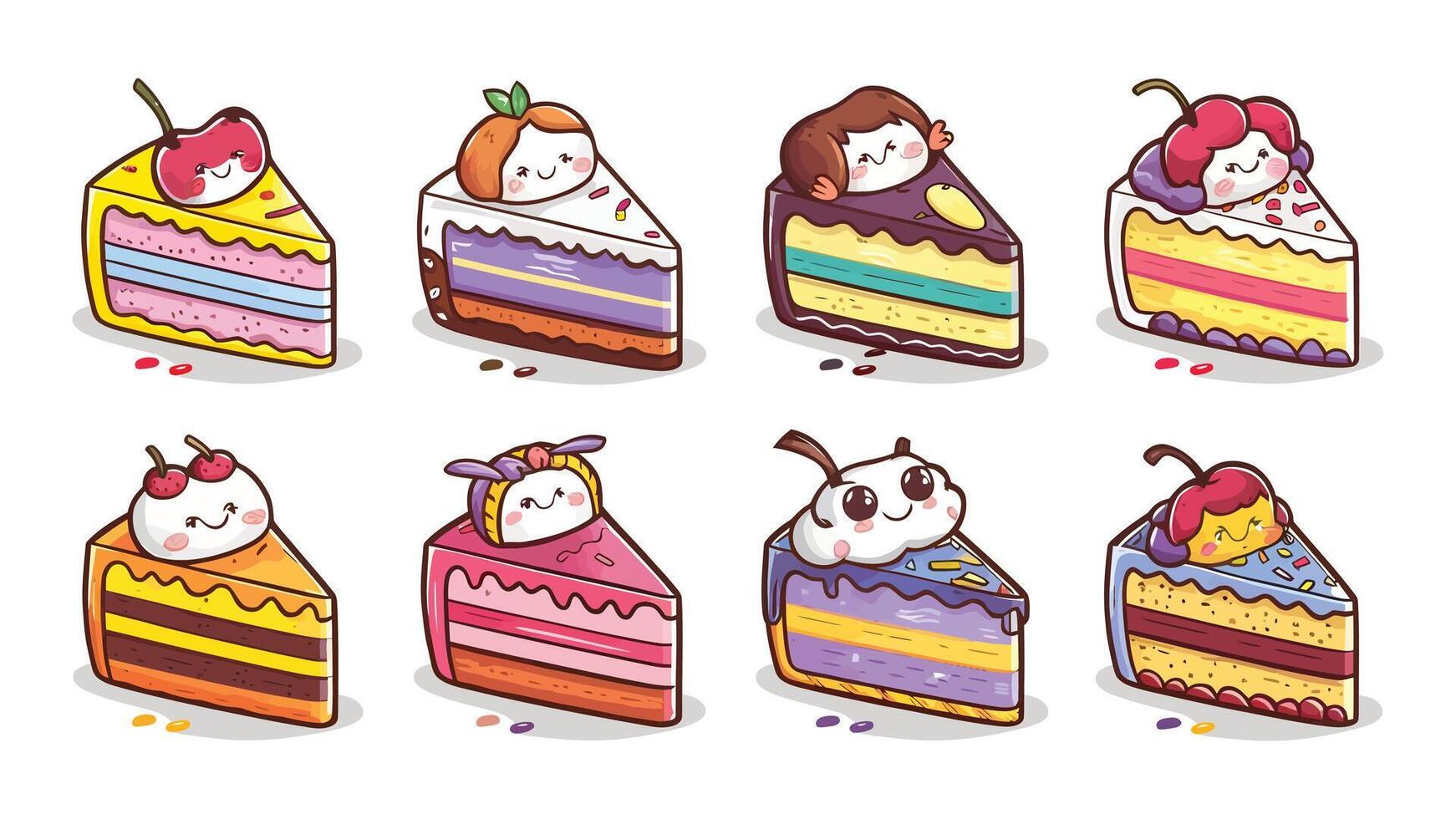 Cute and Colorful Cake Slice Illustrations, A Playful Set with Different Flavors and Emoji Expressions vector