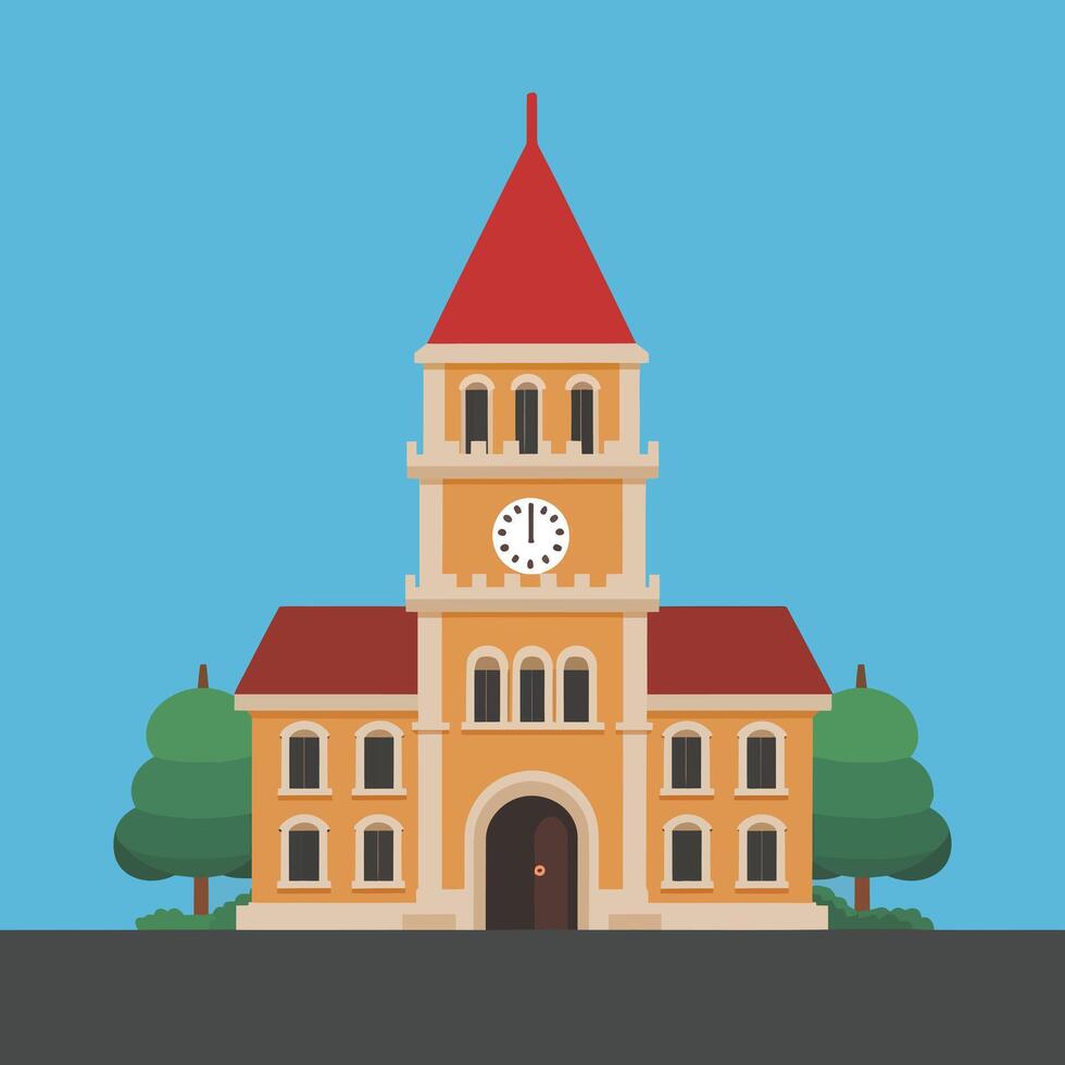 Elegant Flat Illustration of a Clock Tower, Modern Architectural Design Set Against a Blue Background vector