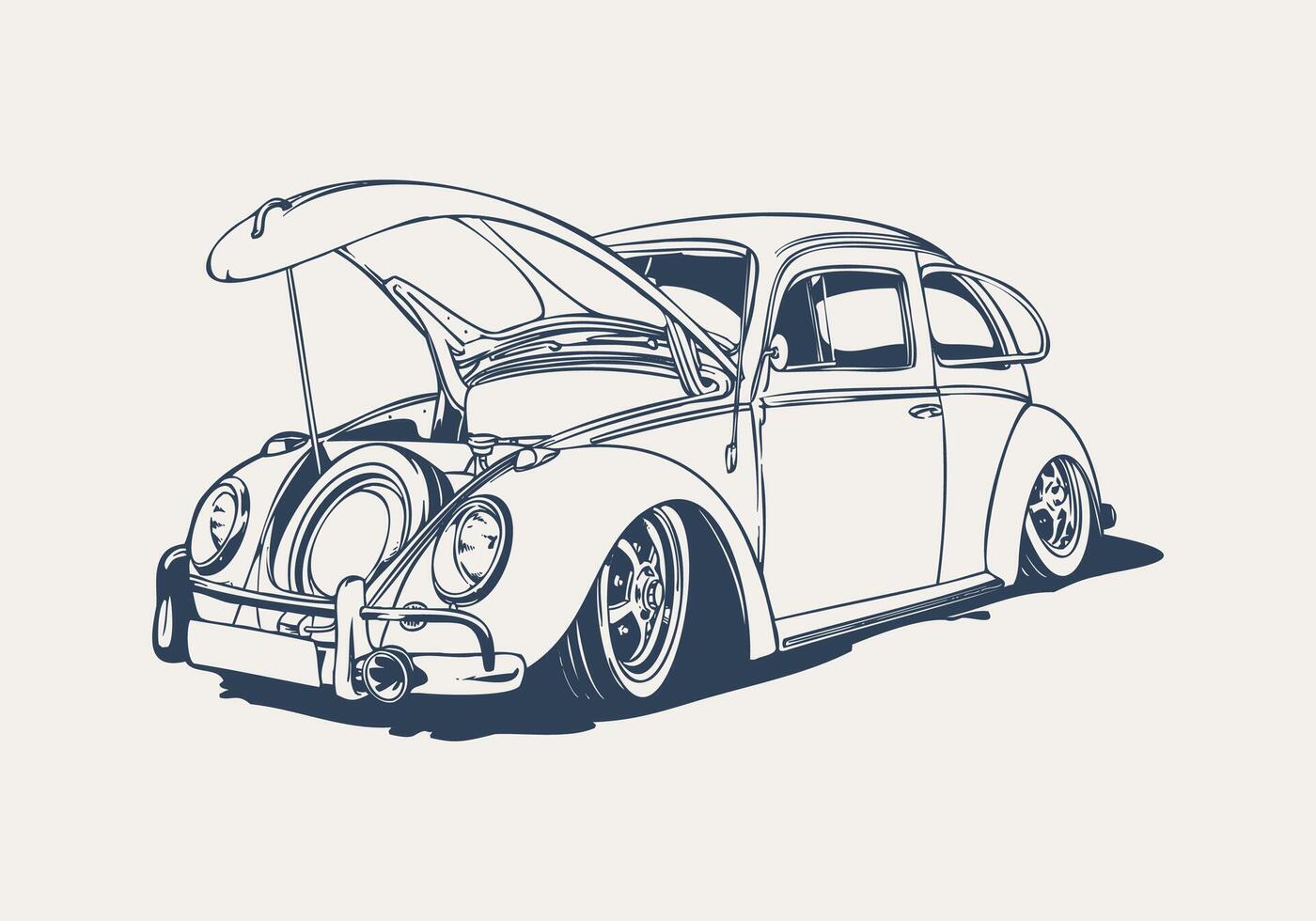 Hand Drawn classic car with its hood open, showing the engine Illustration vector