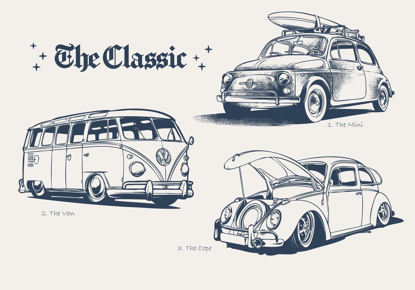 Hand drawn set of classic car illustration with retro look vector