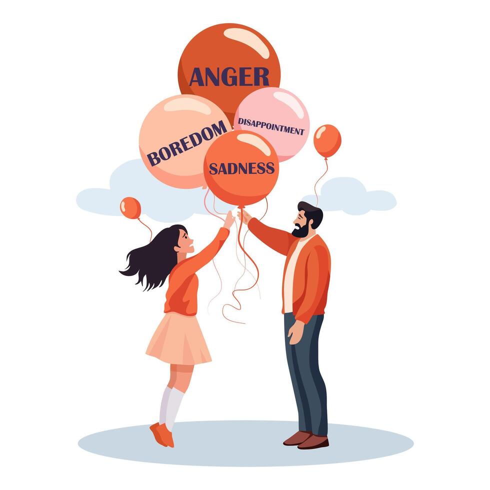 People with balloons with emotions written inside. The girl and the man show that they understand each others emotions. vector
