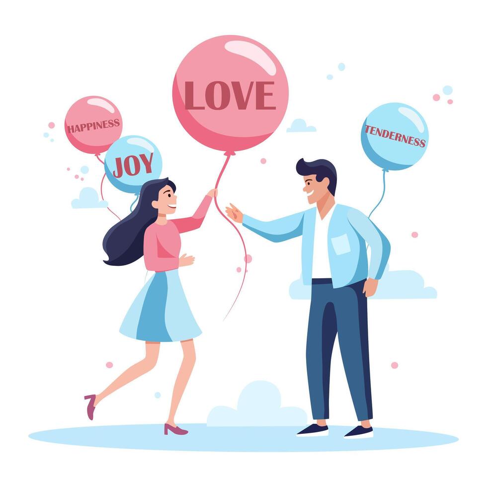 Happy people with balloons with emotions written inside. The girl and the man show that they understand each others emotions. vector