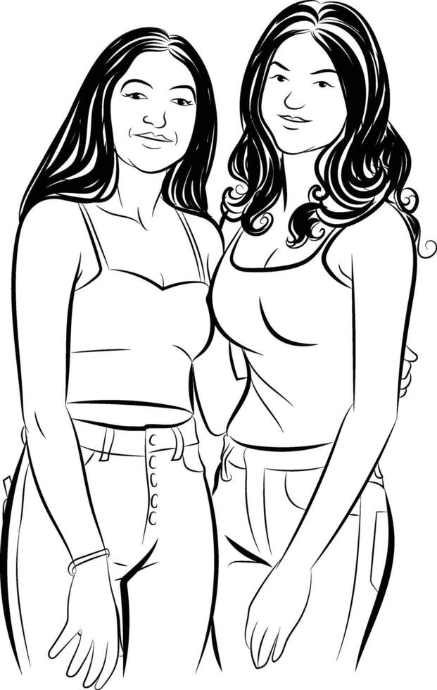 College Girl Friends, young women student character, Hand drawn in thin line style vector